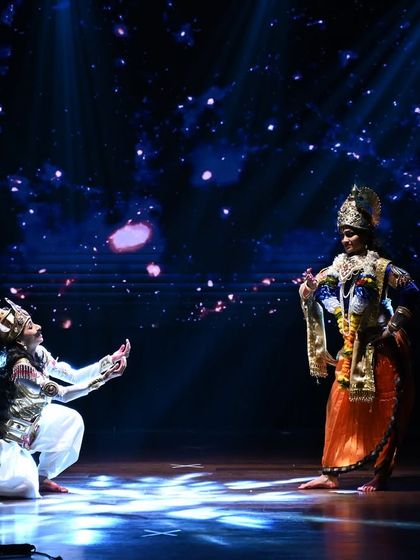 A powerful scene depicting Krishna and Arjuna from our production "VANDE JAGATGURUM". The dramatic lighting and cosmic backdrop create a truly epic feel.