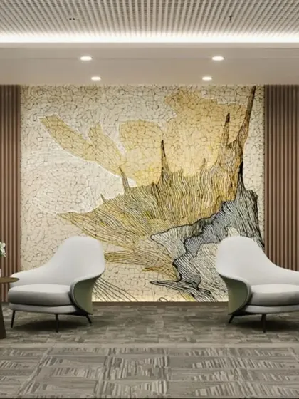We designed this corporate lobby to make a powerful first impression. The space is defined by a stunning, large-scale mosaic art piece, flanked by symmetrical wood paneling and elegant, modern seating, establishing a sophisticated and welcoming tone for visitors.