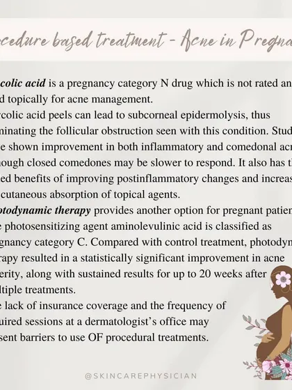 In-clinic procedures can be a great complementary option for managing pregnancy acne. This slide discusses the use of Glycolic Acid peels and Photodynamic Therapy, which are considered safe and effective for pregnant patients.