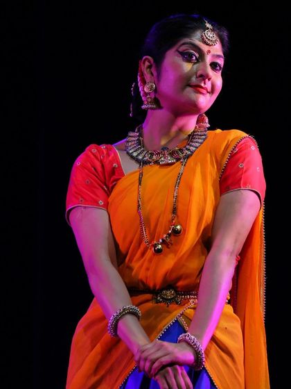 Another still from my solo presentation. The subtle shift in expression, the posture, and the gaze are all part of the intricate language of abhinaya, which allows a solo dancer to convey a world of emotion.