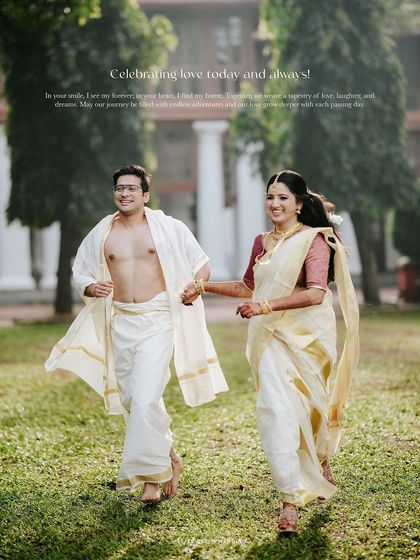 Anjana and Avirup running joyfully through the grounds of Bolgatty Palace. This candid moment of freedom and happiness is a beautiful contrast to the formal ceremony.