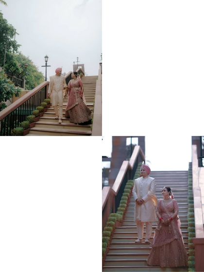 A diptych of the couple descending a grand staircase, capturing their elegant walk and a loving glance.