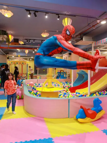 Spider-Man makes a grand entrance over the ball pit. We can arrange for your child's favorite characters to make their party truly epic.