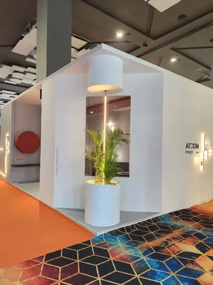 An exterior view of our ACETECH 2022 booth, designed by Studio Dot. The unique structure, combined with a statement pendant light, created an inviting and intriguing presence at the exhibition.