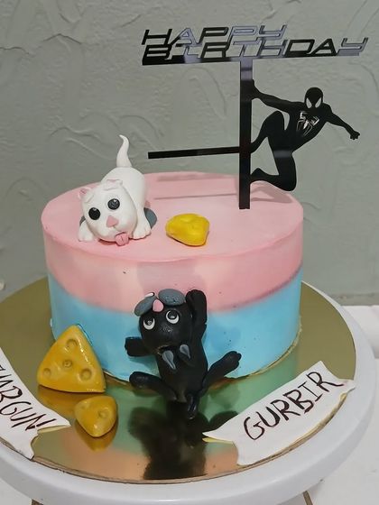 A fun cake for twins, featuring fondant cats and a surprise appearance by Spider-Man.