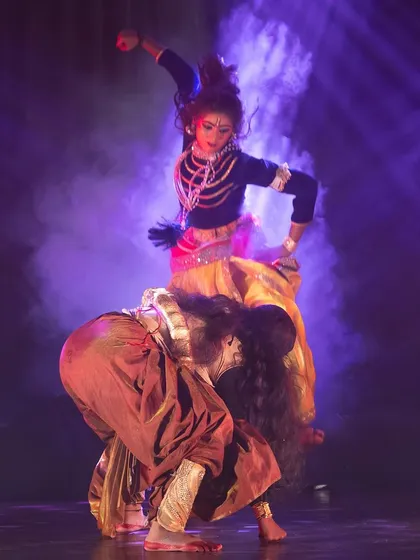 An action-packed moment from "KRISHNA", showcasing the dynamic and powerful movements our dancers use to portray epic battles from mythology.
