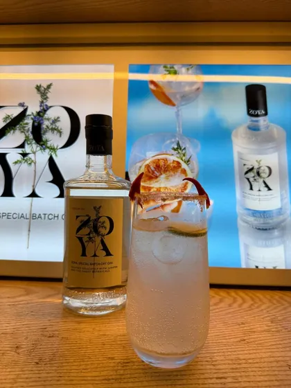A close-up of a Zoya Gin cocktail, showing the quality of the drink and the elegance of the presentation.