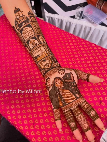 A full story mehendi for a bride. This design includes portraits of the couple, their wedding vows written in Devanagari script, and other personal symbols, telling their unique love story.