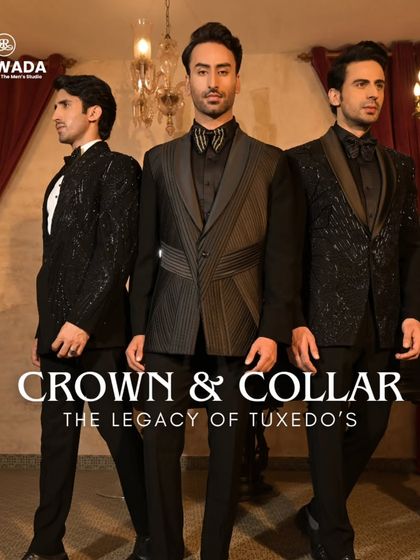 A group shot of three different tuxedo styles from the Crown & Collar collection, showcasing the variety of textures and silhouettes available.