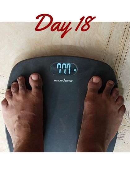 Day 18 progress. The scale shows 77.7 kgs, a significant drop achieved by following the customized dietary rules and gentle exercises I recommended.