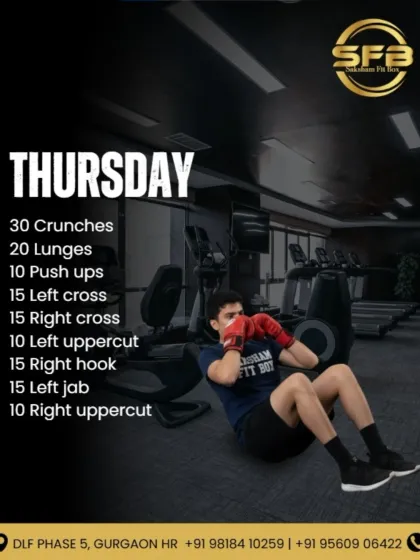 Our Thursday workout plan includes crunches, lunges, push-ups, and a series of cross, uppercut, and hook combinations to build a strong core and upper body.