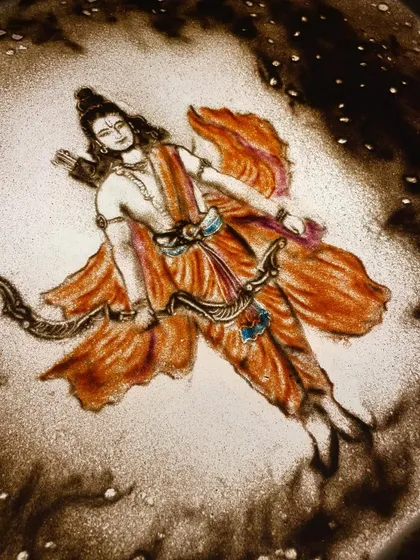 A colourful sand art creation of Shri Ram for Ram Navmi. Using coloured sand helps me add vibrancy and life to these divine portraits.