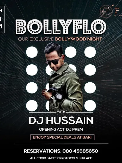 An event poster for Bollyflo, an exclusive Bollywood night. This shows my versatility in handling themed events and different music genres, from commercial pop and hip hop to pure Bollywood tracks.