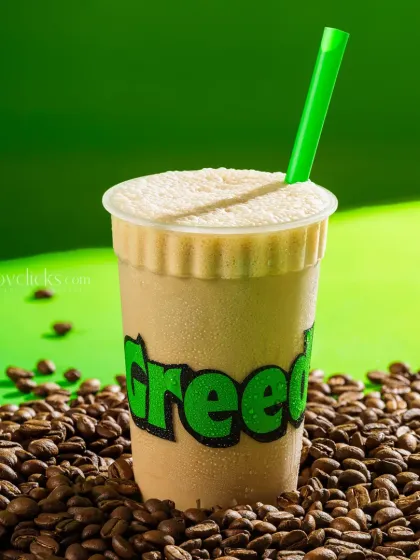 A cold coffee from Greed Coffee, presented in a branded cup surrounded by coffee beans.