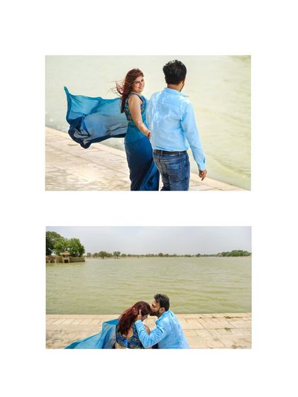 A diptych from their lakeside shoot in Jaisalmer, showing a playful moment and a romantic kiss on the forehead.