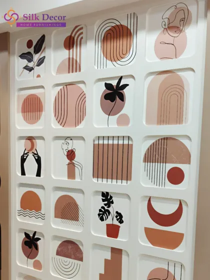 This modern abstract wallpaper features a curated grid of minimalist designs, including line art, geometric shapes, and earthy tones. It's an elegant way to add artistic flair to a space without overwhelming it, perfect for a sophisticated home or office.
