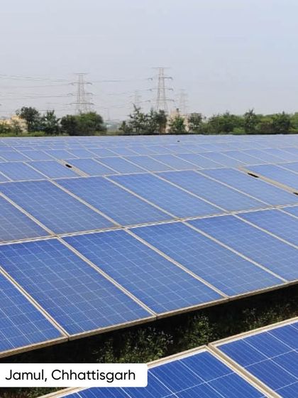 Ground-mounted solar panels at a cement plant in Jamul, Chhattisgarh. We have deployed over 500 MWp of renewable energy solutions for the cement sector, one of India's most energy-intensive industries.