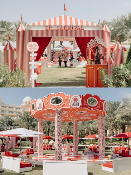 A collage showing the grand entrance and carousel-inspired central structure of the "DP Carnival" theme, highlighting the custom builds and cohesive red-and-white color scheme.