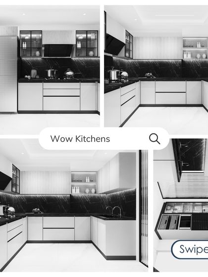 A collage showcasing different angles of the modern beige and black marble kitchen, including a detailed look at the organized drawer storage.
