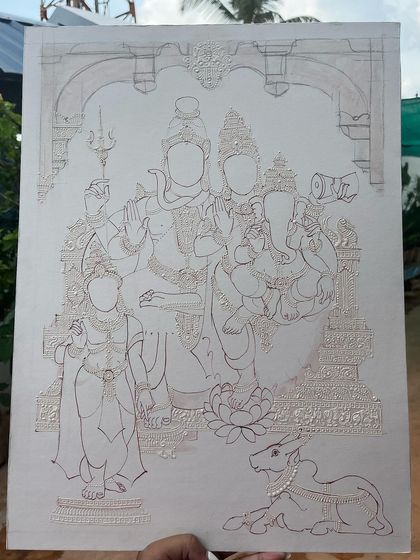 The initial gesso and line drawing for a Shiva Parvathi Kutumba painting. This stage is crucial for establishing the composition and the intricate details that will be highlighted with gold.