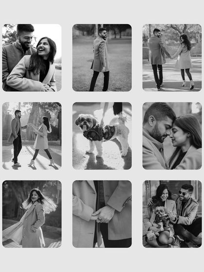 A black and white collage of a couple's pre-wedding shoot, including their pet, showcasing a variety of moments from their day.