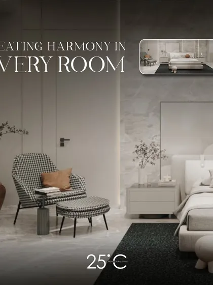 This graphic emphasizes our goal of "Creating Harmony in Every Room." The design shows a minimalist bedroom with a houndstooth-patterned armchair, demonstrating our attention to creating balanced and stylish compositions.