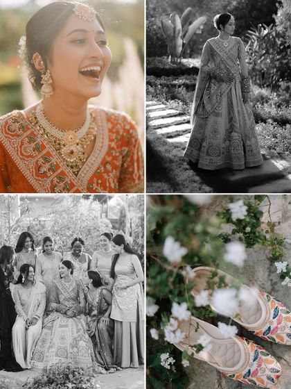 A collage of candid moments: the bride's laughter, her walk, and time with her bridesmaids. This shows the variety of real moments I capture.