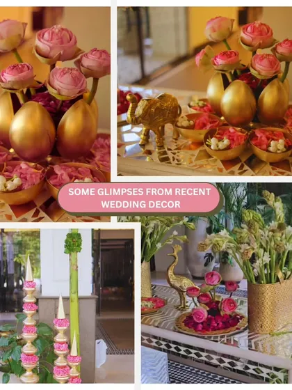 A collage with glimpses from a recent wedding, showcasing the beautiful pink and gold floral centerpieces and decor.