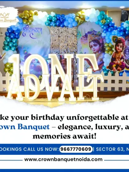 A divine Krishna-themed first birthday celebration. The decor features characters from the theme, a "Shree Krishna" backdrop, and a blue and gold balloon arch for a unique and blessed event.