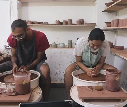 A typical day for us at the studio, both working side-by-side on our respective pottery wheels. This is our dream, and we're so happy to share it.