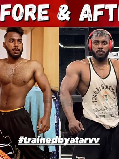An identical before and after shot, reinforcing the impressive muscle gain. His frame is visibly wider and more muscular.