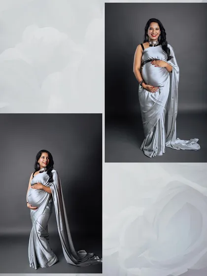 A collage of solo maternity portraits in a modern silver saree. The different poses showcase the elegance of the outfit and the beauty of the mother-to-be from various angles.