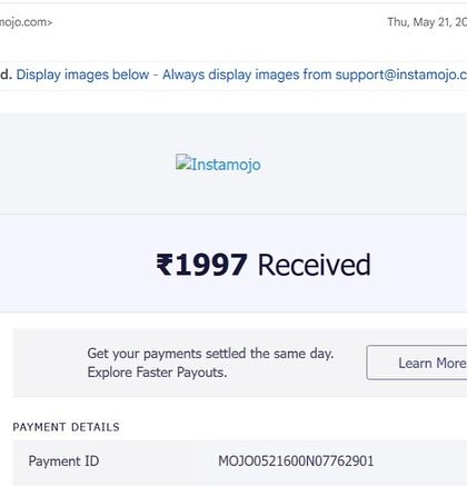 A screenshot of the first payment I ever received for my masterclass: ₹1997. Just one person believed in me, and I gave it my all. That's where it all began.