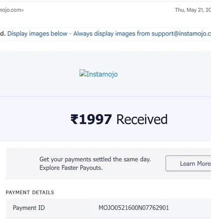 A screenshot of the first payment I ever received for my masterclass: ₹1997. Just one person believed in me, and I gave it my all. That's where it all began.