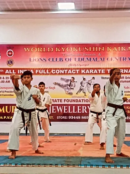 The brown belt group kata in action. Their movements are sharp and synchronized, a result of hours of practice together.