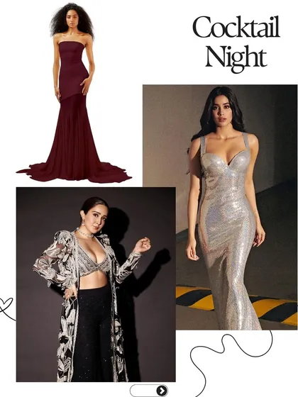 More cocktail night inspiration, featuring glamorous gowns in deep burgundy and shimmering silver. These looks are perfect for making a bold and sophisticated statement.