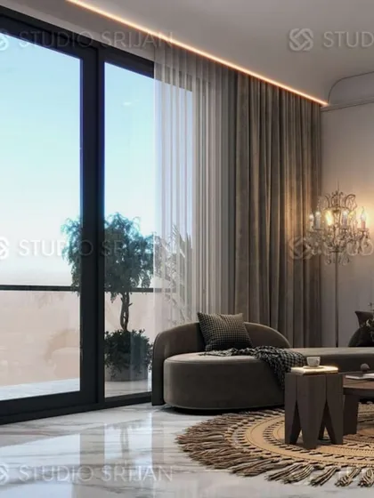 Floor-to-ceiling windows with sheer and heavy curtains allow for flexible light control, while a classic chandelier adds a touch of timeless elegance.
