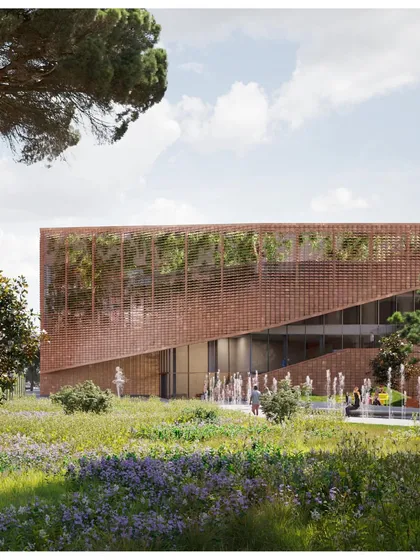 The new building sits harmoniously within a newly designed park, creating a vibrant public space for the city of Rome.
