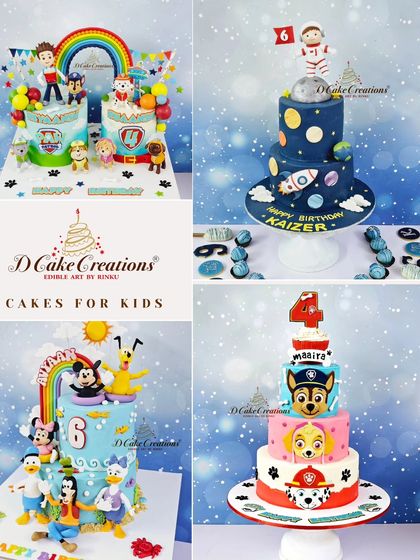 A collection of some of my favorite cakes for kids. This collage shows the variety I offer, from Paw Patrol and Mickey Mouse to an out-of-this-world astronaut cake.