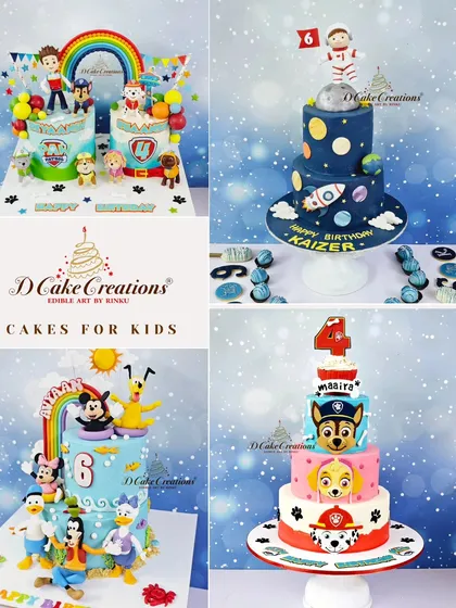 A collection of some of my favorite cakes for kids. This collage shows the variety I offer, from Paw Patrol and Mickey Mouse to an out-of-this-world astronaut cake.