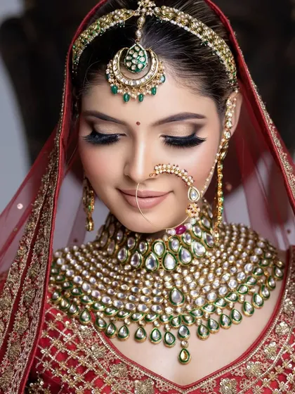 A beautiful close-up of a bride with her eyes closed, highlighting the flawless smokey eye makeup and the intricate details of her kundan jewelry.
