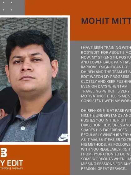 Mohit's testimonial highlights the comprehensive support we provide. Our coaching goes beyond just meals; we track hydration, suggest workouts, and provide constant motivation to ensure you see significant improvements in strength, posture, and pain reduction, just like he did.