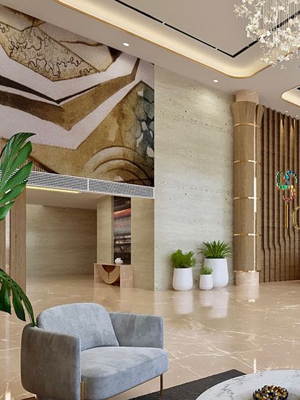 A glimpse into the lobby of Voraskyline Icon, our latest residential project in Kandivali, Mumbai. The design uses a mix of natural stone, wood paneling, and statement art to create a grand and welcoming entrance for residents.