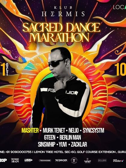 The poster for the Sacred Dance Marathon at Klub Hermis, a 12-hour event featuring non-stop underground music from 10 PM to 10 AM.