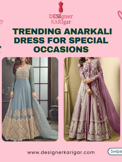 Trending Anarkali dresses for special occasions. This image shows a dusty blue Anarkali with gold embroidery and a heavily worked lilac Anarkali.