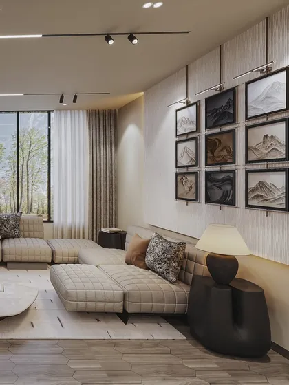 This view showcases a unique gallery wall of sand art, demonstrating my ability to render custom art installations with precision.