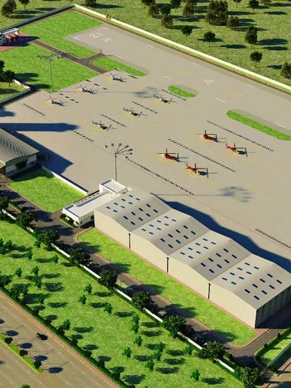 An aerial 3D master plan of the heliport complex. This view shows the layout of the hangars, parking bays for helicopters, the main terminal, and surrounding green landscaping, demonstrating our capability in large-scale site planning and aviation infrastructure design.