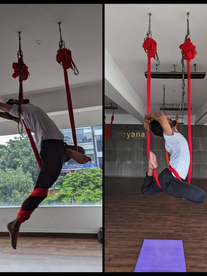 Exploring Kapotasana (Pigeon Pose) variations with the support of the aerial hammock.