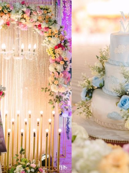 It's all in the details. A personalized welcome sign featuring the couple's photo, paired with a beautifully designed wedding cake, adds a personal touch that makes the celebration uniquely theirs.