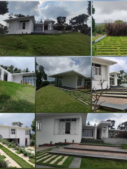 This collage presents a completed hillside residence, showing how the clean, white architectural forms are terraced into the sloping green landscape. The design includes stepped patios and pathways that follow the natural contours of the site.